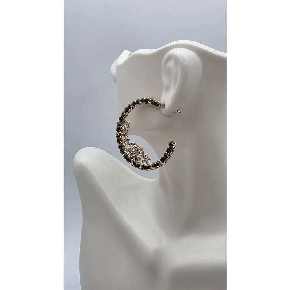 Chanel Gold-tone 2023 Strass Leather Interlocking CC Hoop Earrings
